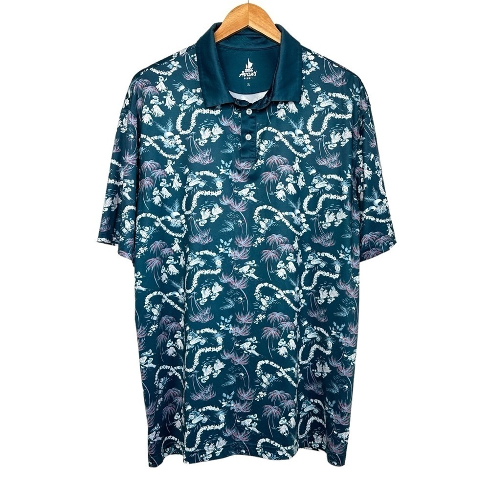 Avanti Mens Hawaiian Short Sleeve Polo Shirt Size XL Blue Aloha Vacation Beach